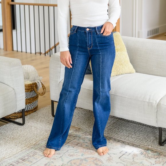 Judy Blue Denim - Judy Blue Front Seam Wide Leg Dark Wash Trouser Jeans Denim 88353